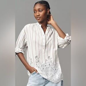 Pilcro Anthropologie Striped Long Sleeve Blouse with Lace Hem size XL